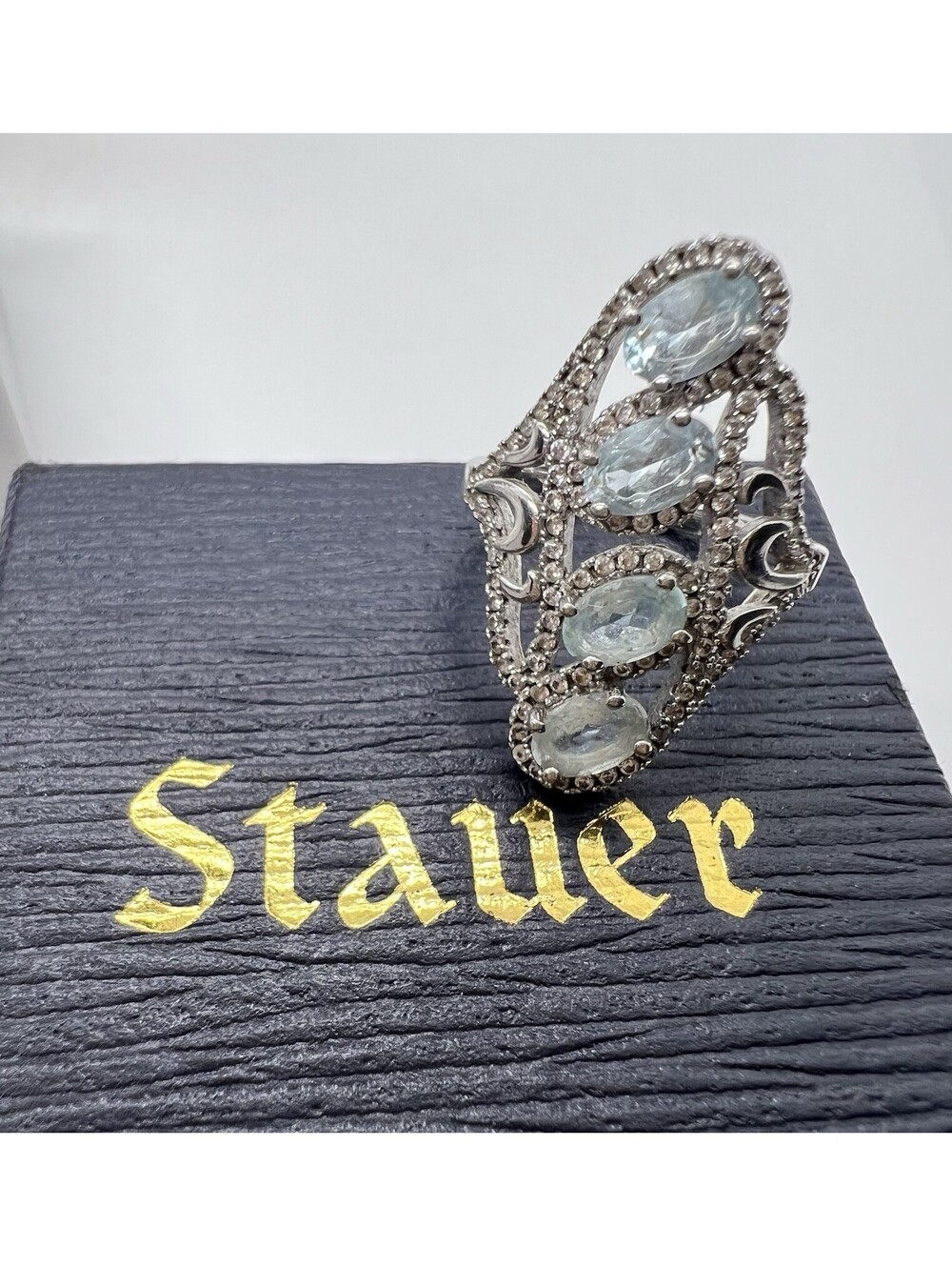 Stauer Ring Blue Topaz oval swirls filigree 925 silver cocktail statement luxury